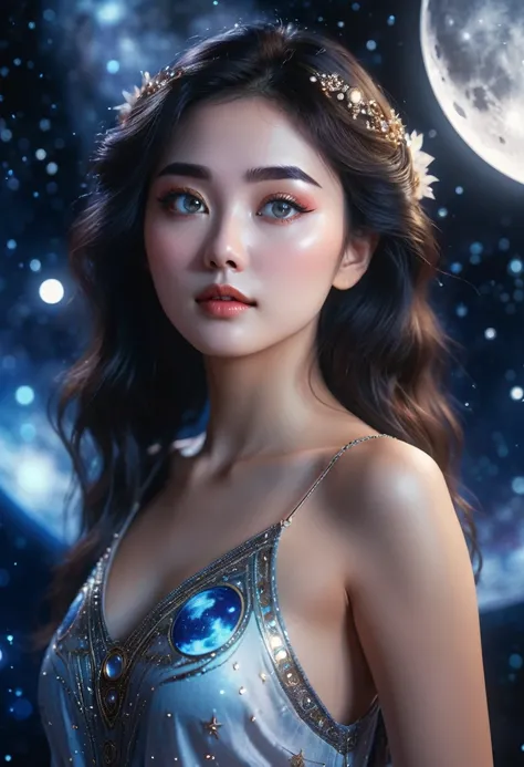 A photo of an moon goddess floating at the space, she is creating interdimensional portals, her eyes reflects the cosmo, moon background, main character focused, moon light, blurred background, DoF, Ultra detailed, 8k