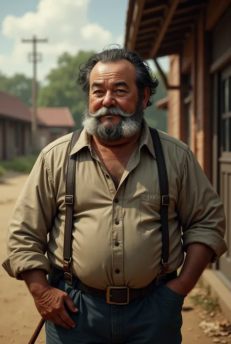 old fat man, medium black hair with a bald spot in the middle, big white chops, 1900s clothing living in Texas