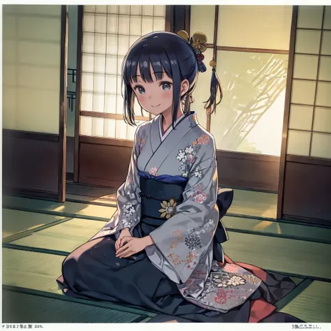 A woman wearing a kimono、Interior of an old Japanese house、Between the sliding doors、Sit upright and bow、Place both hands on the tatami、Smiling、