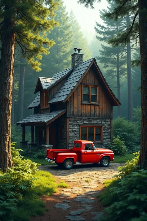 a wooden house, far from the city, practically isolated in the middle of the forest, just a red truck outside the house