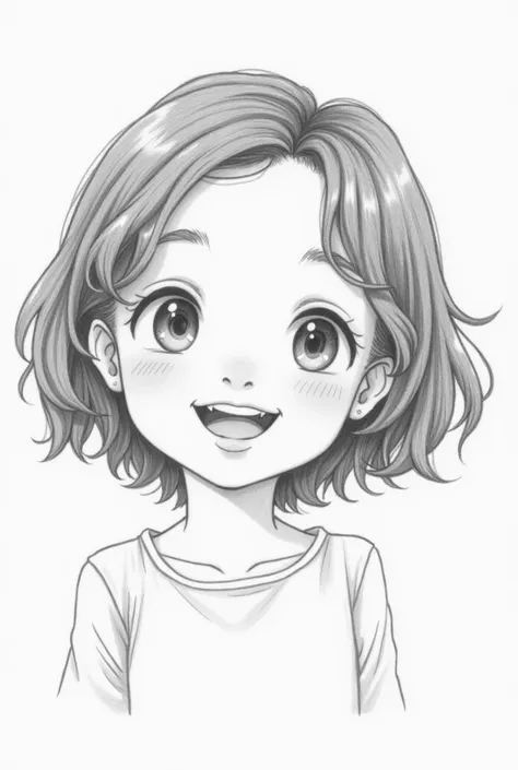 Pencil drawing of happy girl with short wavy hair ,with full body 