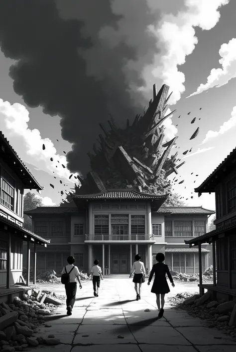 2d black and white anime school being destroyed