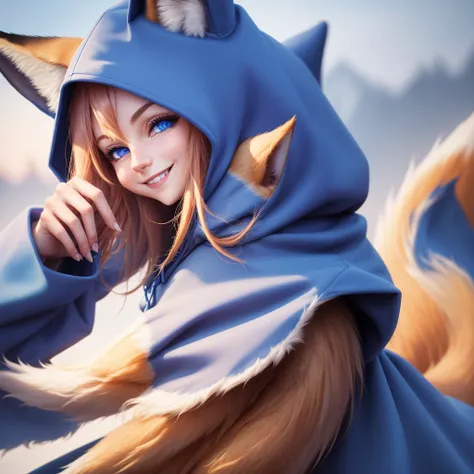 fox, a high resolution, looks at the viewer, Smile, Blue eyes, animal ears, pointy ears, Hood, 