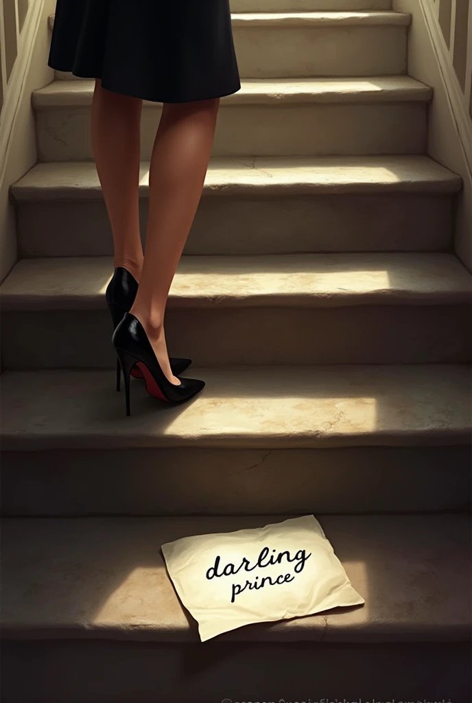 casually written note "Darling Prince" fallen on a staircase step while a woman in black heels comes down the stairs