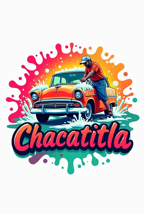 Make me a logo that says CHACATITLA with a bocho car and someone is washing it with pink colors, red, green and orange and that the car has soap