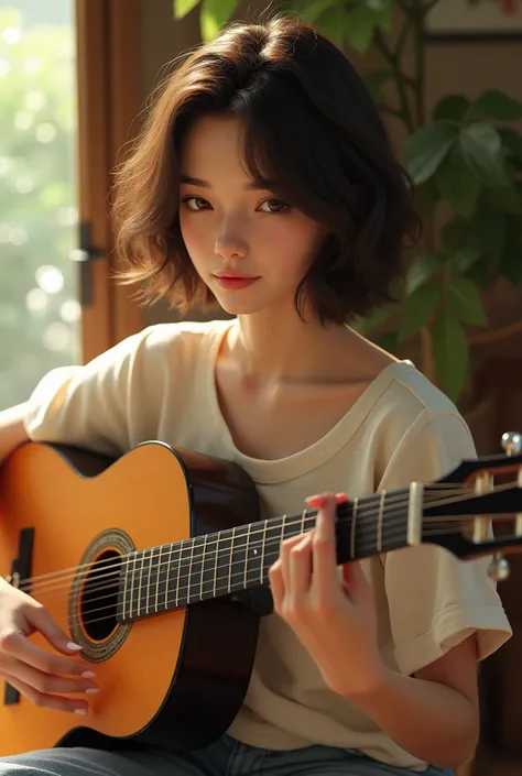 a 2c haired girl playing a black nylon guitar