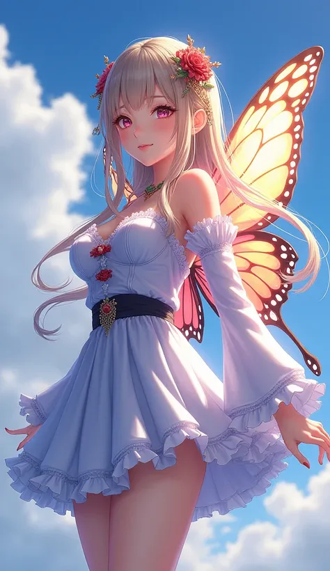 One girl ,Fairy, Butterfly Wings, Beautiful clothes,(High resolution, Attention to detail, Highest quality), Medium chest、Bold Pose、Mr.々Easy shooting angle