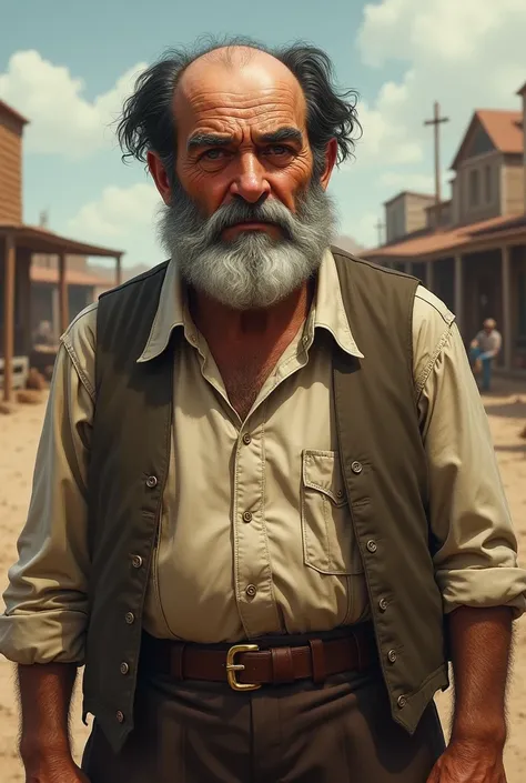 old fat man, medium black hair with a very long forehead and very bald spot in the center of the head, big white beards without mustache or goatee, 1900s clothing living in Texas