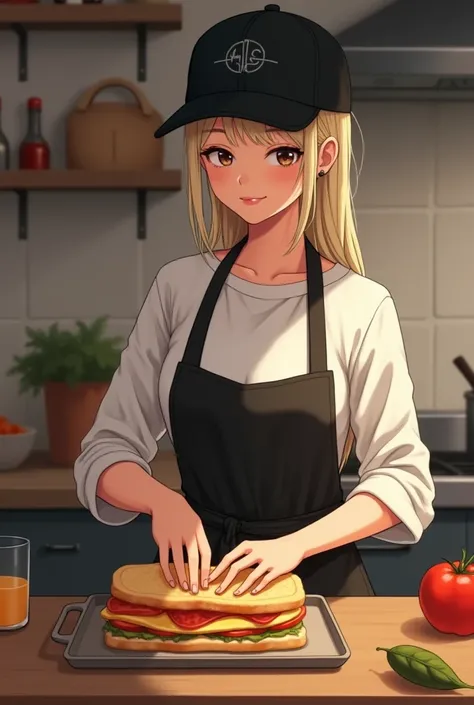 Fille qui a les cheveu blond platine attachés par une casquette noir entrain de faire un croque monsieur 