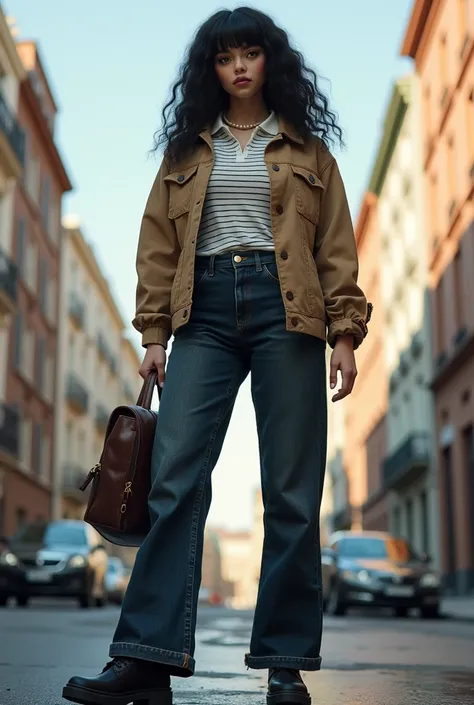 Girl 150 meters tall,wear black booties, striped polo shirt, classic neutral dark loose jeans, classic jacket, chocolate brown backpack, pearl chain, sunglasses, long curly black hair with medium bangs, light brown complexion, cock nose,dark brown eyes, me...