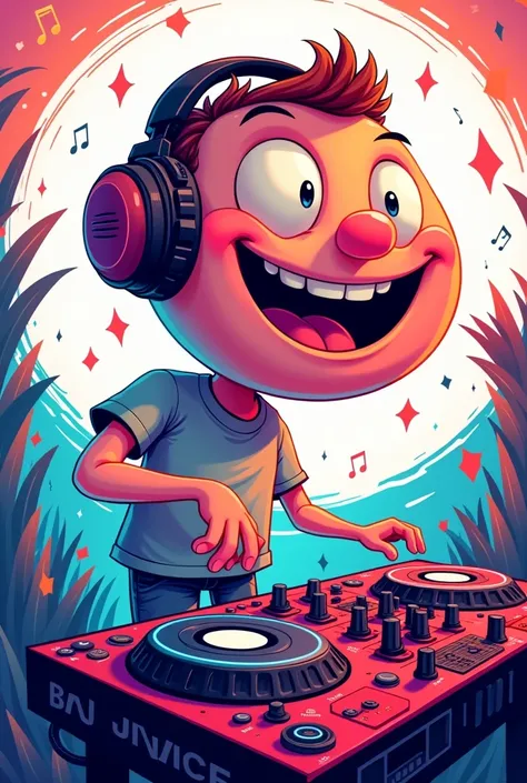 make a cartoon image of a dj with a big head not thin white background and a console
