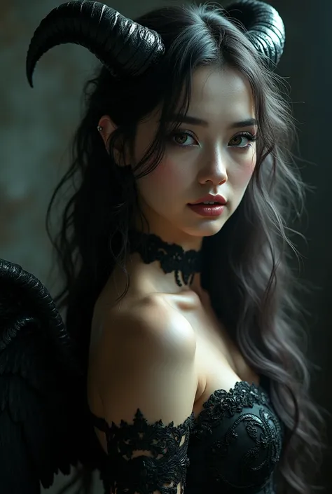 elegant beautiful woman, half angel half demon, full body, extremely detailed, delicate skin, sharply defined facial features, piercing eyes, erotic gaze, sensual lips, long flowing hair, intricate angelic wings, horns, detailed intricate costume, dramatic...