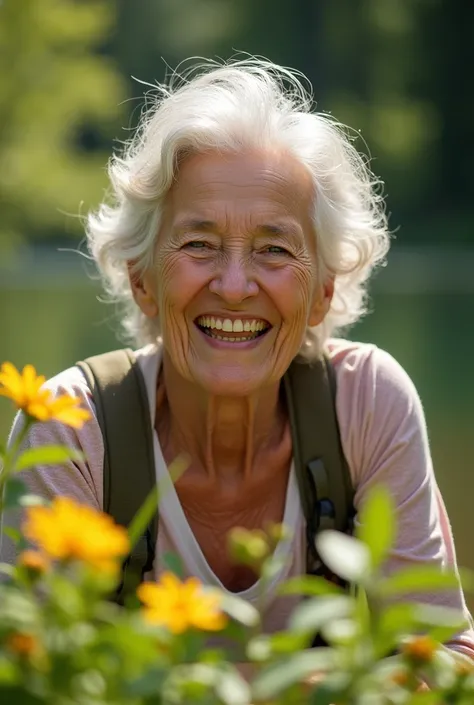 A woman over 60 years old smiling, enjoying a walk outdoors or participating in an activity you are passionate about.