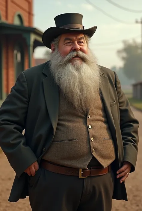 old and very fat man, big black hair with a very long forehead and very bald in the center of the head, big white beards without mustache or goatee, 1900s clothing living in Texas