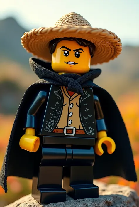 Create a lego figure with a straw hat and a black cape 