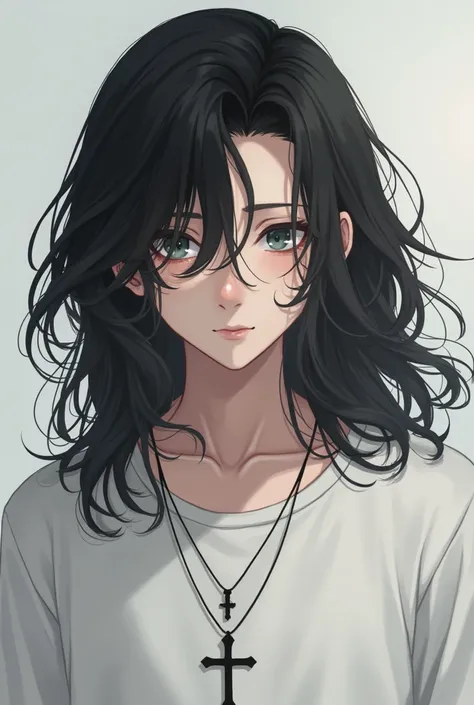 Boy with long black hair wearing a white t-shirt with a cross around his neck 