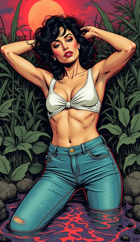 masterpiece, ultra-detailed, line art,70s adult comics aestetics,vintage lighting, desperately masturbates her crotch, unbuttoned jeans,sexual tension,sinking in bog,colorful retro atmosphere,ambiance,old diva, tease, flirt, fractal