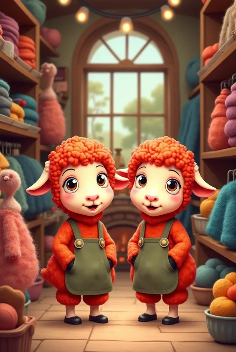 Two cute cartoon  red sheep  shopkeeper standing   his  woollen  products  shop selling coats 