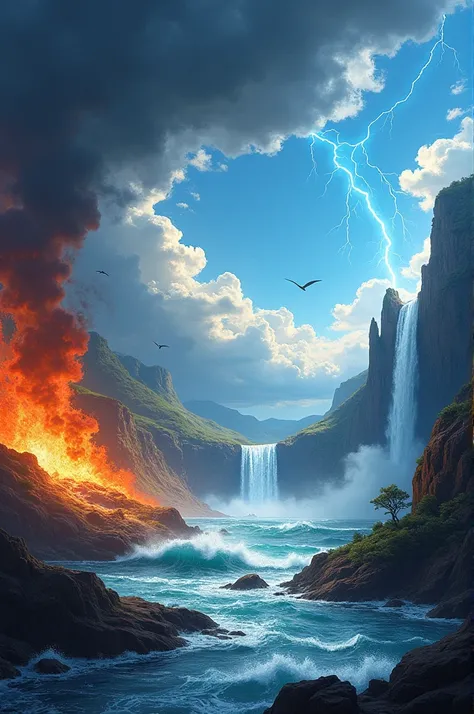 Create a horizontal image representing the four elemental kingdoms 1. **Kingdom of Lightning**: Dark clouds and lightning.
2. **Kingdom of Fire**: Flames and lava.
3. **Water Kingdom**: Oceans and waterfalls.
4. **Kingdom of Air**: Blue sky with clouds and...