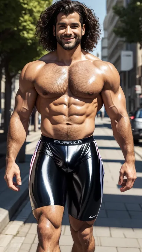 A man 42yo with atletic body walking on street, very shiny body, wearing white sportive short, 2d drawn style, large lips, Wide shoulders , too much  light particles , naughty smile, tight esportive uniform, Black wavy hair fade , bent nice bulge shape, mu...