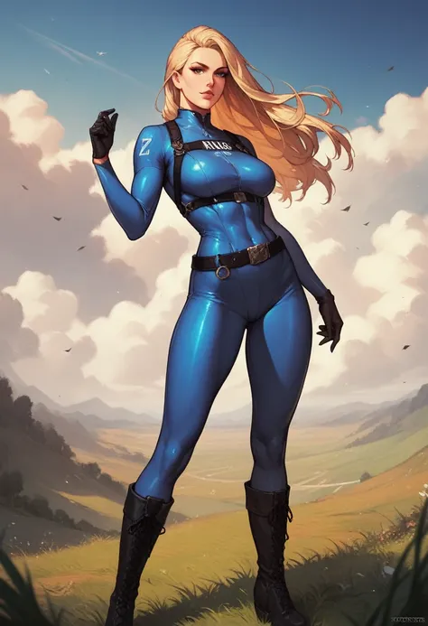 1girl, long blonde, delicate beautiful, blue bodysuit, black belt, black gloves, black boots, force field, number four logo on the chest