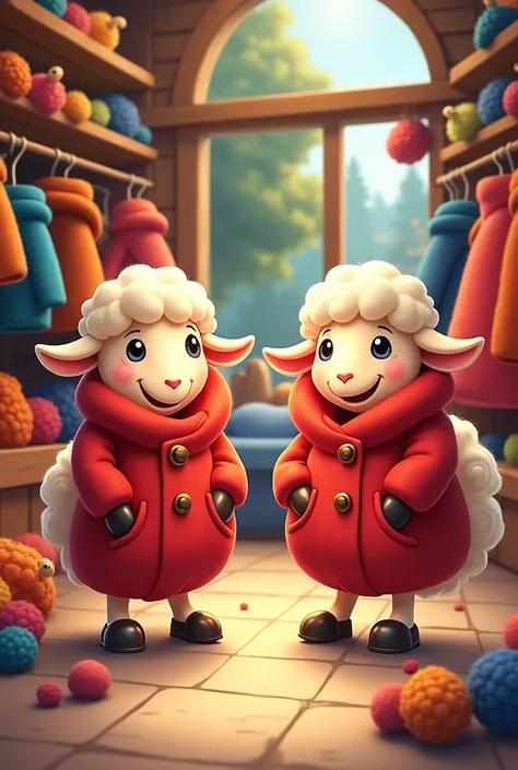 Two cute cartoon  red sheep  shopkeeper standing   his  woollen  products  shop selling coats  another