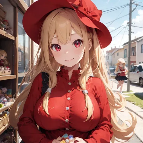 1 female, teenage girl, red long sleeve dress, blonde long hair, rosa cheeks, doll store, playing a dolls, happy face, huge breast, candy, eating, summer hat