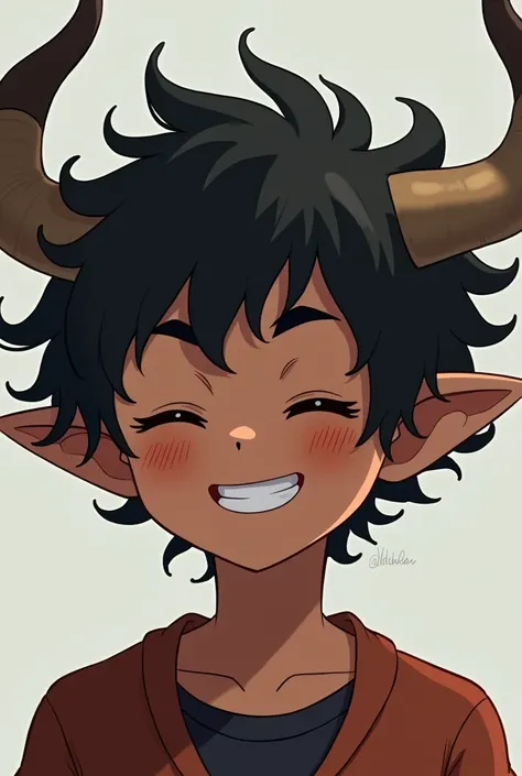 A boy with ox ears and tail and two horns on his forehead like an ox,He is black with short, curly hair and has his eyes closed and a crooked smile.make him an anime he is a teenager,make him with darker skin