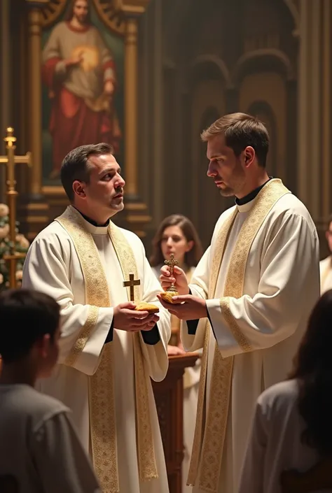 high quality real image of a 2 man, of the branca tunic, distributing the Eucharist (minister of communion)