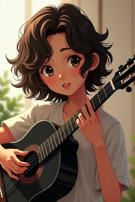 one with long curly hair and half curly dark brown hair
, more or less light skin playing a black nylon guitar,
teenage oval face 