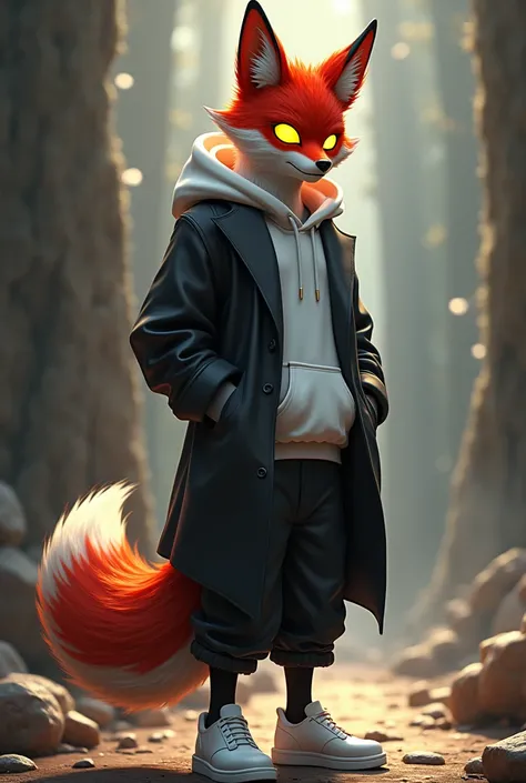 Kitsune Man, red-haired with bright yellow eyes, like topaz,with one big tail, vestindo uma calça social black,uma bota black,black,hoodie with hood white, white sweatpants, white sneakers.