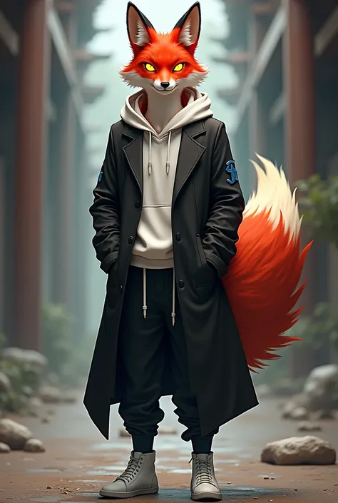 Kitsune Man, red-haired with bright yellow eyes, like topaz,with one big tail, vestindo uma calça social black,uma bota black,black,hoodie with hood white, white sweatpants, white sneakers.