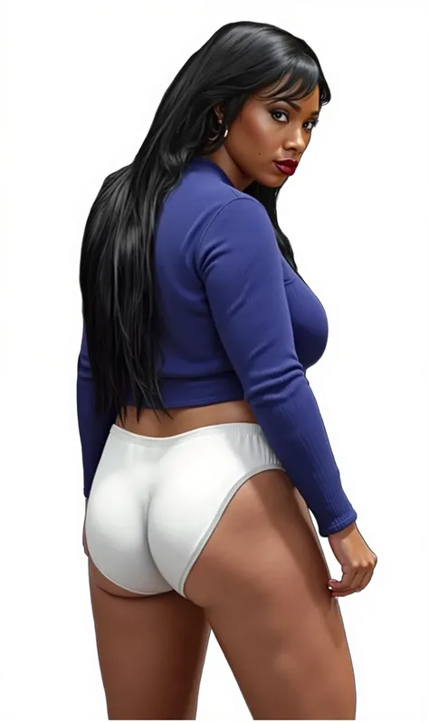 (masterpiece, best quality)), ((((perfect anatomy)))), Heavyset black woman with long black hair, dark eyeshadow, dark red lipstick, blue sweater, (((big white cotton panties))), big booty, smiling, standing in her bedroom, ((((realistic art style, 50s pin...