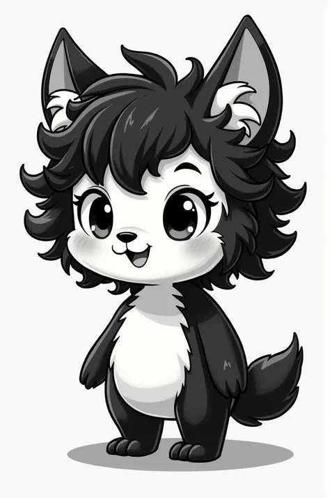 a cute  with curly black hair and funny ears in black and white as a animated movie character