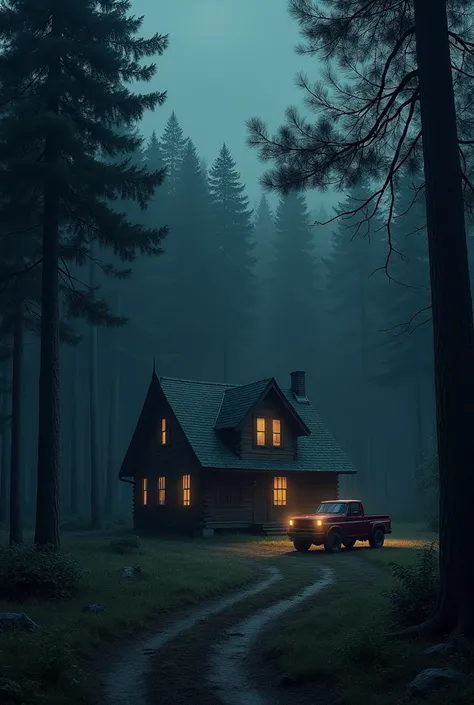 a wooden house, far from the city, practically isolated in the middle of the forest, just a wine colored truck outside the house, the night, dark image 