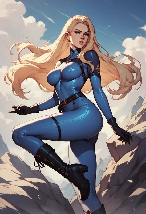 1girl, long blonde, delicate beautiful, blue bodysuit, black belt, black gloves, black boots, round emblem