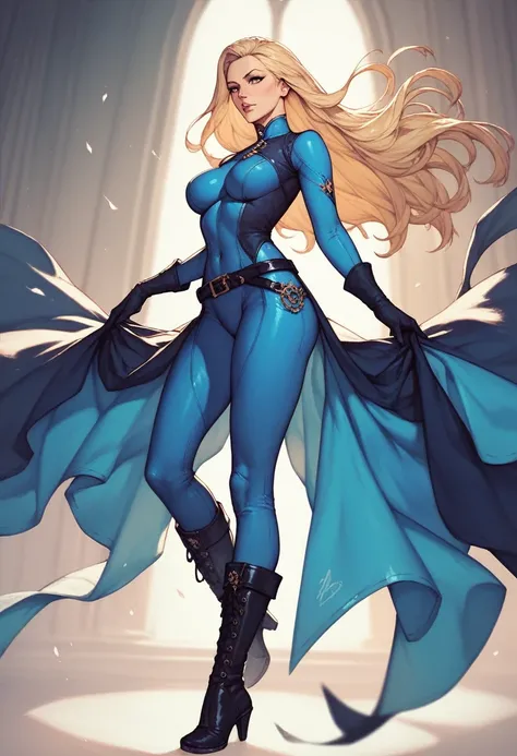 1girl, long blonde, delicate beautiful, blue bodysuit, black belt, black gloves, black boots, round emblem