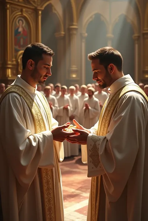 high quality real image of a 2 man, of the branca tunic, distributing the Eucharist (minister of communion)