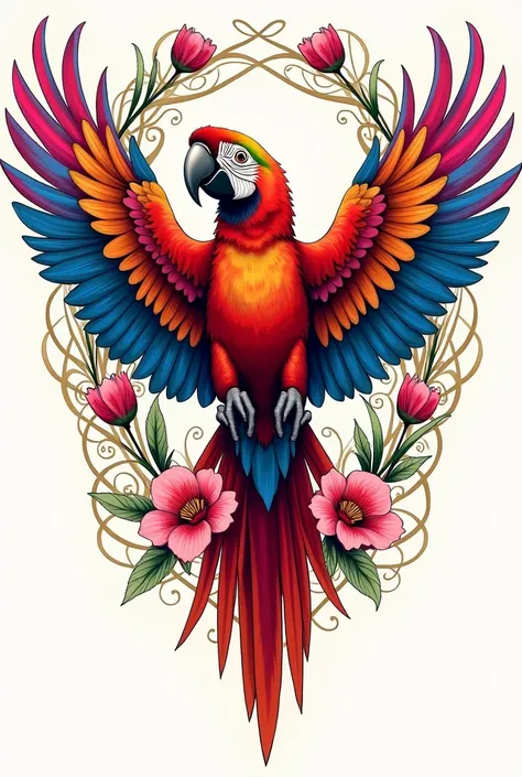 Macaw tattoo, tatoo, with arabesques highlighted, More Detailed, Improve, em desenho para tatoo, with arabesques on the sides, with more colorful details, with pink flowers, emphasis on the colorful open wings, facing the front, Improve o rosto