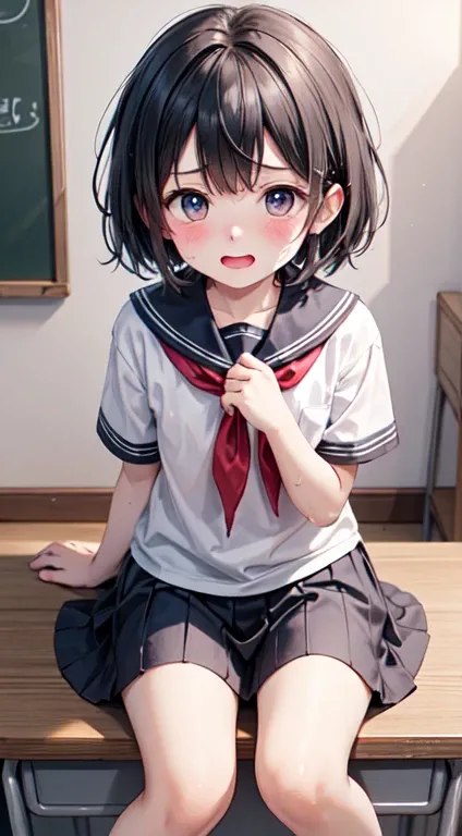 Highest quality,Ultra-wide angle composition、Elementary school girl　Sweaty face　cute　short hair　boyish　My hair is wet with sweat　Rubbing against the corner of a desk　Panting