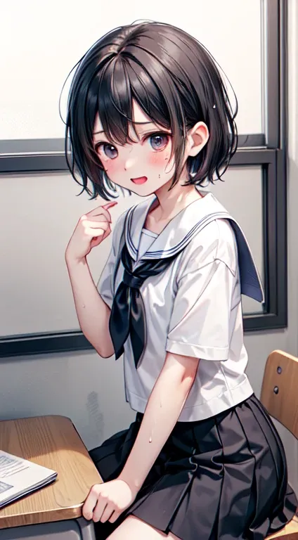 Highest quality,Ultra-wide angle composition、Elementary school girl　Sweaty face　cute　short hair　boyish　My hair is wet with sweat　Rubbing against the corner of a desk　Panting