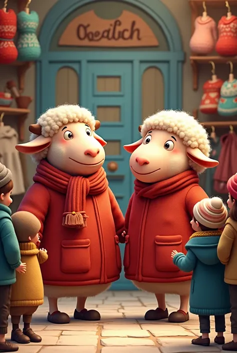 Two cute cartoon  red sheep  shopkeeper standing   his  woollen  products  shop selling coats   to  three men and two women  customers 