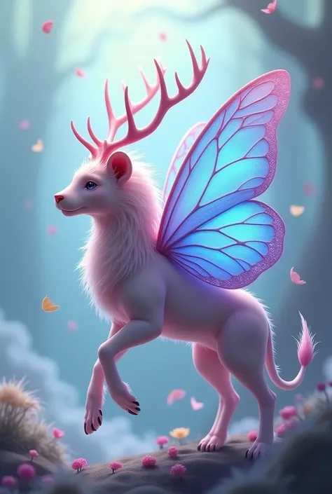 axolotl with butterfly wings, lion&#39;s tail and deer antlers 