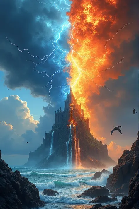 Create a lying image with a separate realm of the four elements 1. **Kingdom of Lightning**: Dark clouds and lightning.
2. **Kingdom of Fire**: Flames and lava.
3. **Water Kingdom**: Oceans and waterfalls.
4. **Kingdom of Air**: Blue sky with clouds and bi...