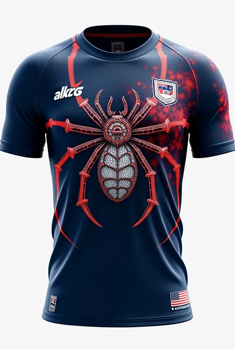 Create an Australia team jersey , With blue colors, red and white , and a spider 