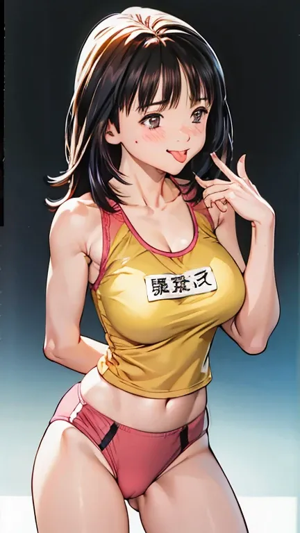 (High resolution),(High resolution),(High resolution),(8k), One person, Yoshizuki_Iori、(((Fitness Club))).(((blush))).smile、((Browsing Caution))、((Large Breasts))、Heart symbol、Color、(((kiss)))、(((Sticking out tongue))).kirt flips up and panties are exposed...