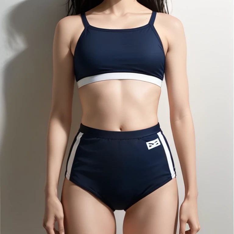 a close up of a woman in a bikini top and shorts, Sports bra and dark blue shorts, wearing two - piece Swimwear, Sports bra and shorts, Bra and shorts streetwear, Cute Sportswear, Two-piece training wear, Narrow waist, Swimwear, Fits a slender figure, navy...