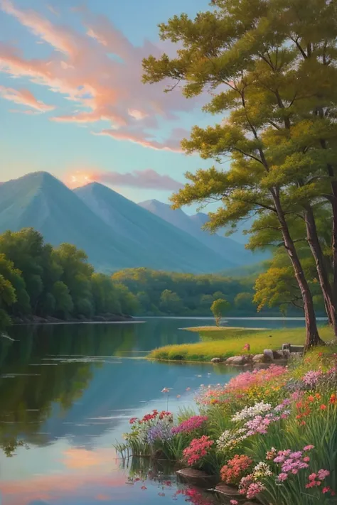 Painting、oil、sunset、Small Lake、Flowers blooming on the shore、