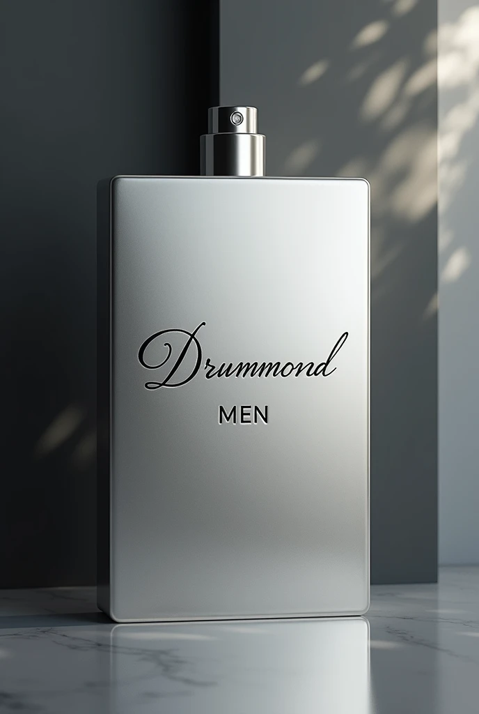 Silver perfume packaging with Drummond written in cursive and MEN written underneath