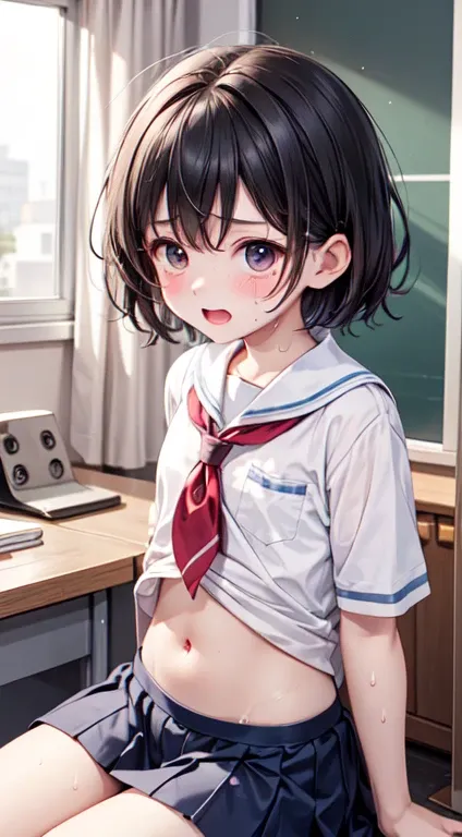 Highest quality,Ultra-wide angle composition、Elementary school girl　Sweaty face　cute　short hair　boyish　My hair is wet with sweat　Rub your lower abdomen against the corner of a desk　Panting